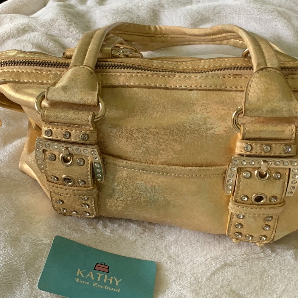 Kathy Van Zeeland Satchel Purse Bling Gold Zipper - Picture 2 of 8